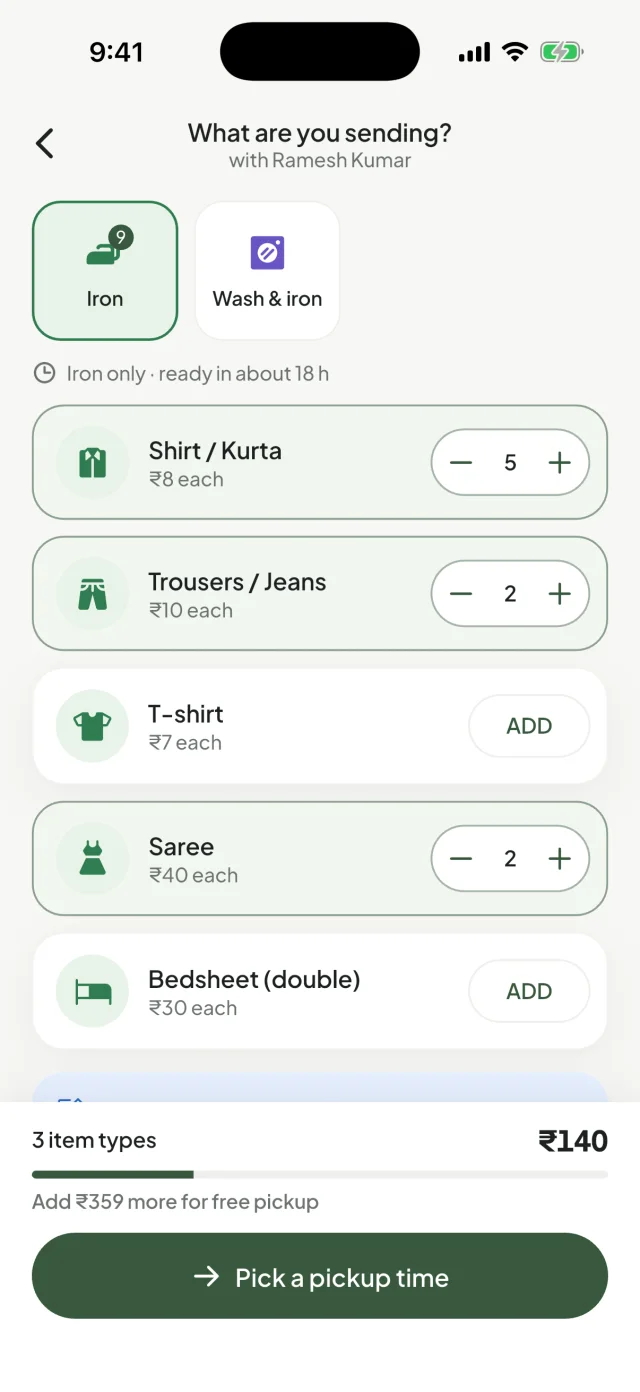K29 app: choosing clothes and seeing the price per piece