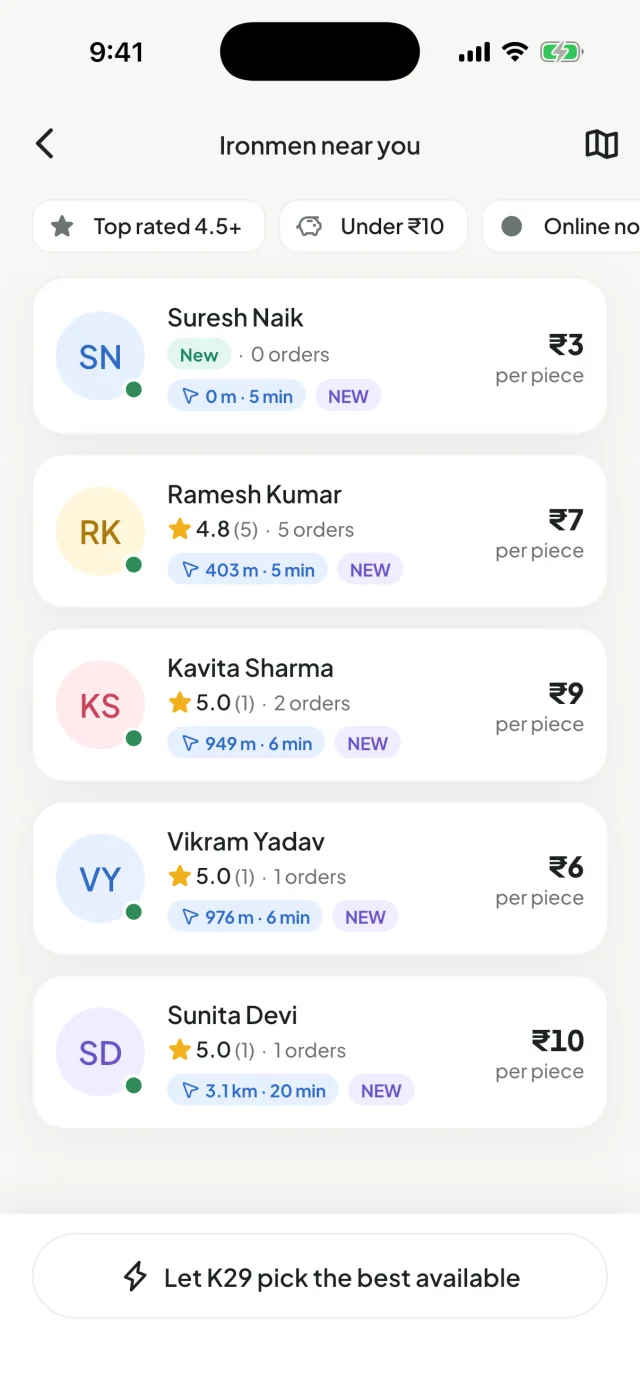 K29 app: a list of ironmen near you with ratings and prices