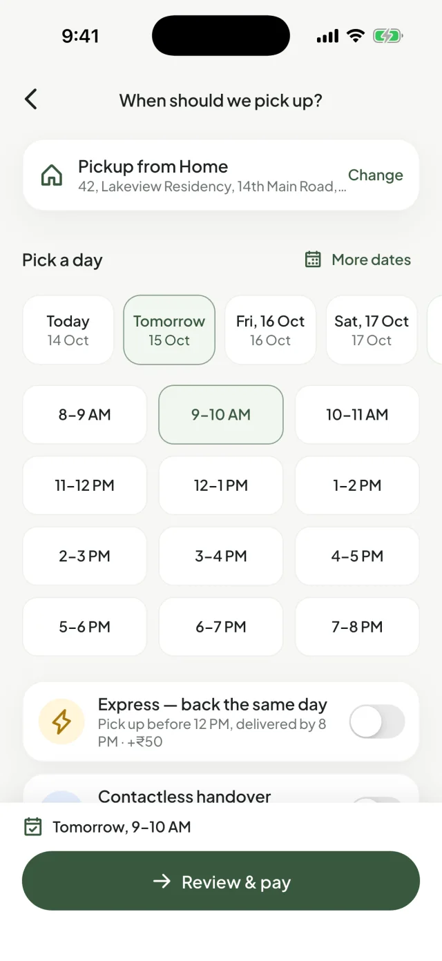 K29 app: picking a one-hour pickup slot