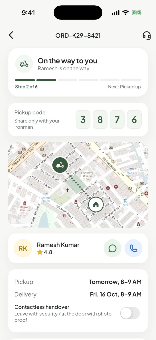 K29 app: live tracking with a 4-digit pickup code